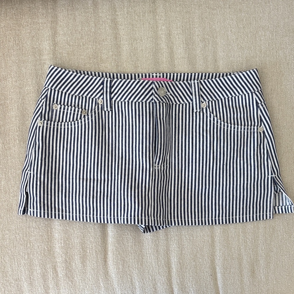 Edikted Navy and White Vertical Stripe Denim Skort